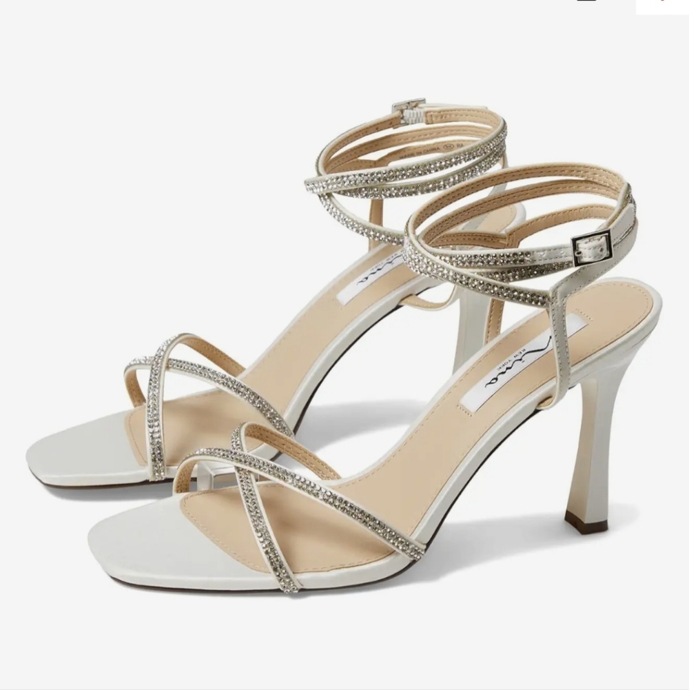 Nina Denise Ivory Ankle Wrap Rhinestone Embellished Stiletto Heels New Size 8